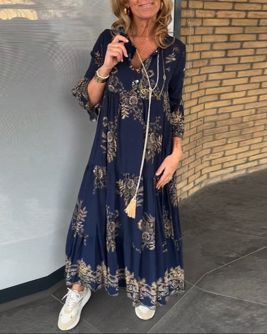 Nora – Vintage Loose V-Neck Midi Dress