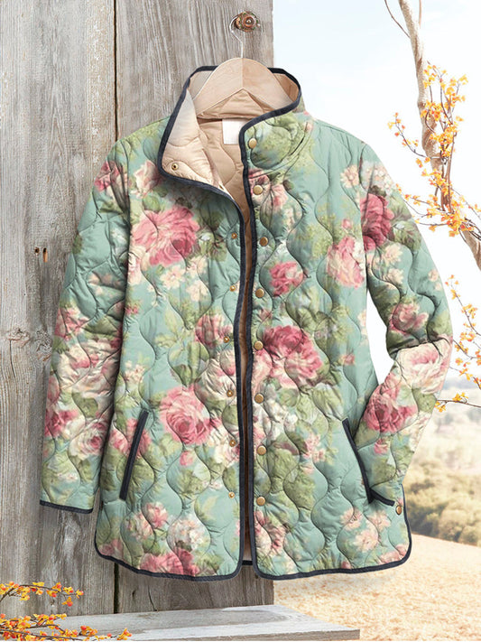 Retro Floral Patterned Quilted Jacket for Women