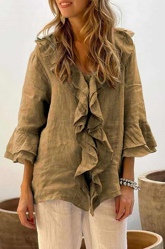 ARIETTA – CASUAL SOLID COLOR RUFFLE V-NECK BLOUSE