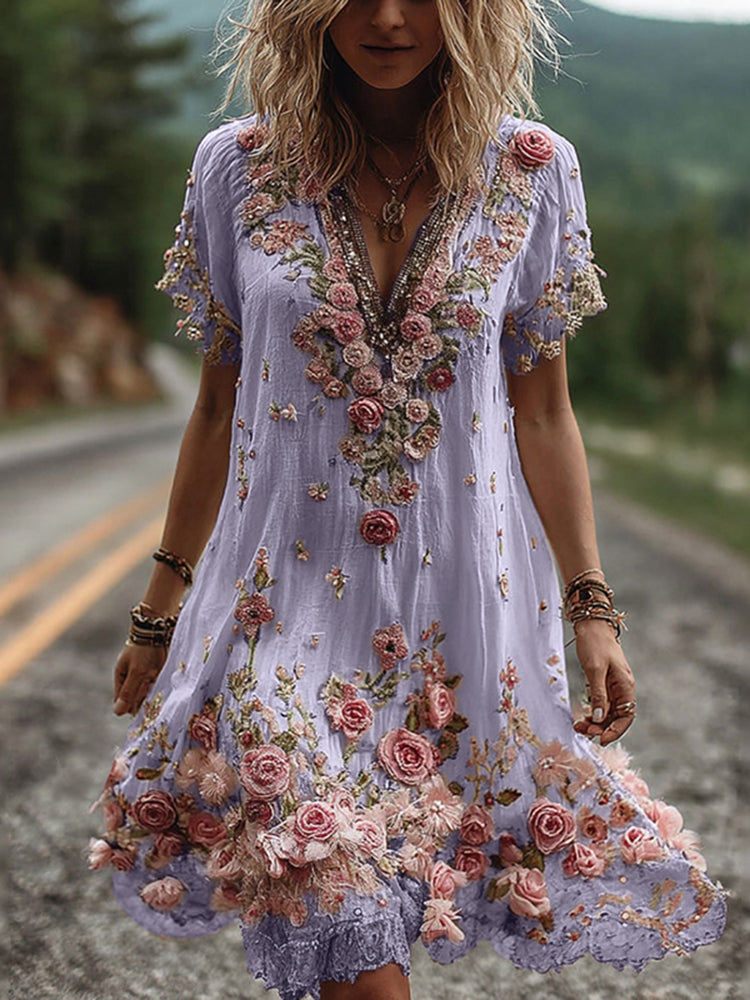 RUBY – BLOSSOM EMBROIDERED V-NECK DRESS