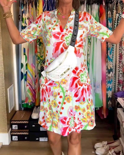 Ivendra | Short Sleeve Floral Print Dress