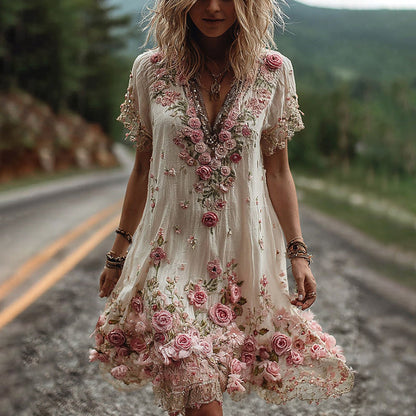 RUBY – BLOSSOM EMBROIDERED V-NECK DRESS