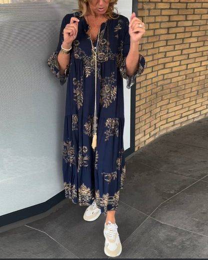 Nora – Vintage Loose V-Neck Midi Dress