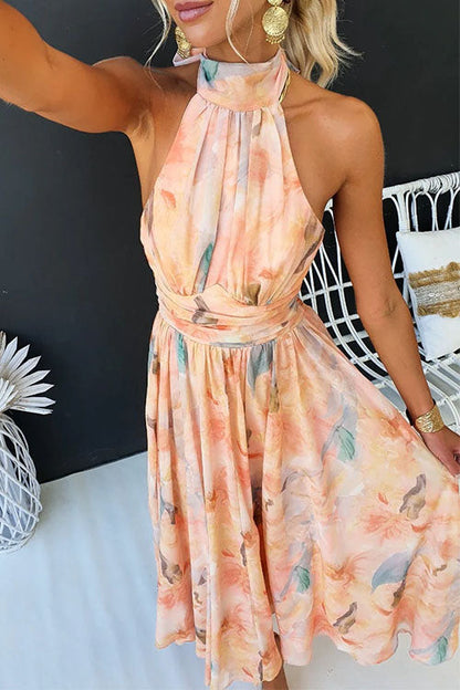 Scarlett | Elegant Halter Neck Watercolor Print Maxi Dress