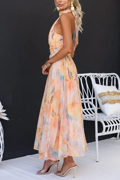 Scarlett | Elegant Halter Neck Watercolor Print Maxi Dress