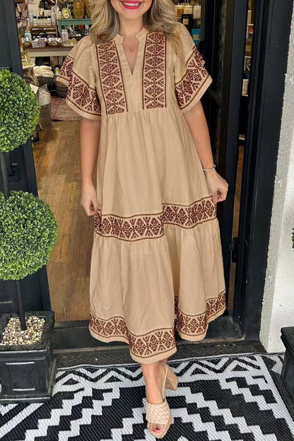 SORAYA – GEOMETRIC PRINT PATCHWORK V-NECK A-LINE DRESS