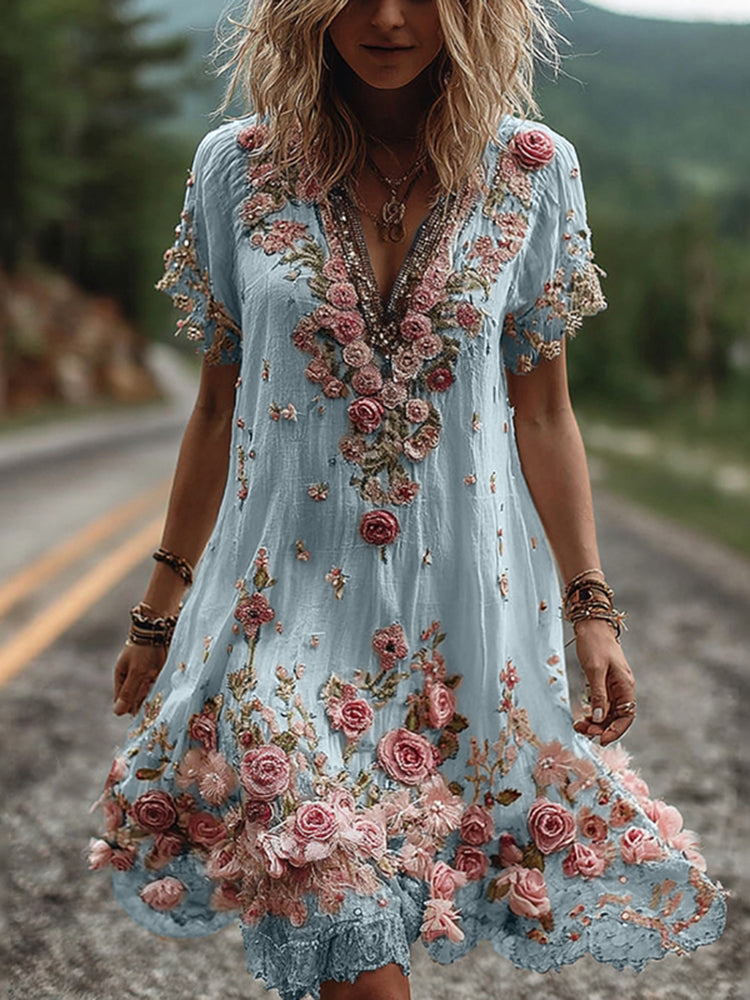 RUBY – BLOSSOM EMBROIDERED V-NECK DRESS