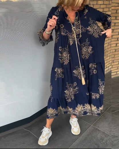 Nora – Vintage Loose V-Neck Midi Dress