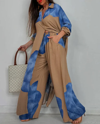 ISABEAU – TRENDY PATCHWORK PRINTED TOP & WIDE LEG PANTS SET