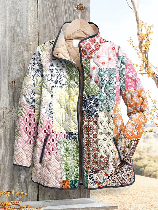 Casual Quilted Jacket for Women with Floral Print