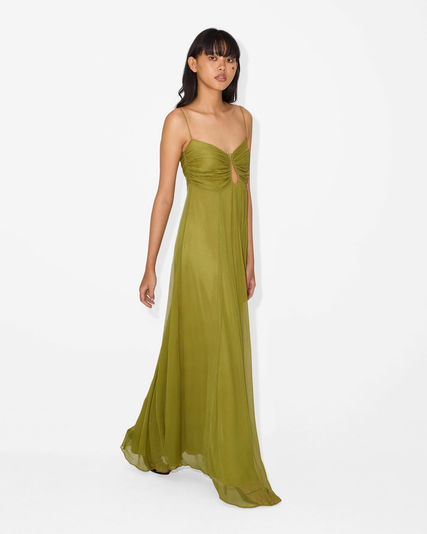 KORA – SUN-WASHED OLIVE RUCHED MAXI DRESS