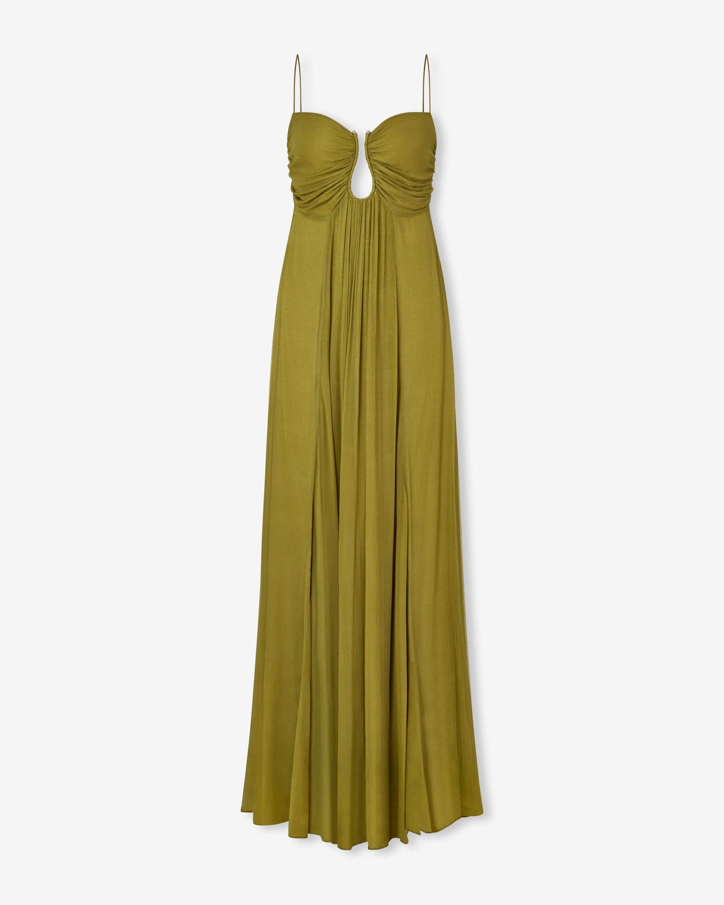 KORA – SUN-WASHED OLIVE RUCHED MAXI DRESS