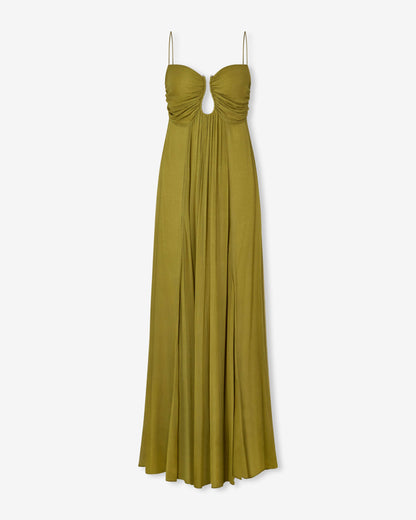 KORA – SUN-WASHED OLIVE RUCHED MAXI DRESS