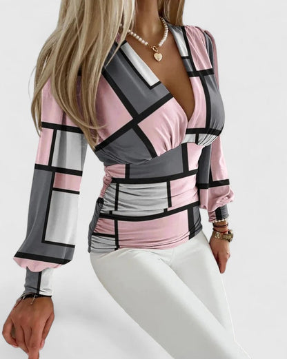 JOCELYNNE – GEOMETRIC ELEGANCE V-NECK BLOUSE
