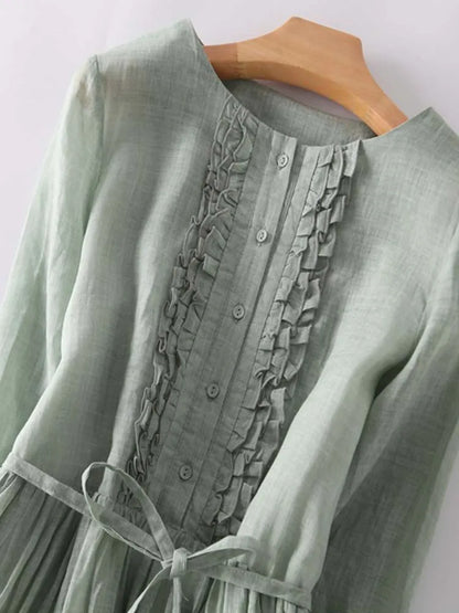 Arya - Womens Art Retro Round Neck Lace Up Waist Dress