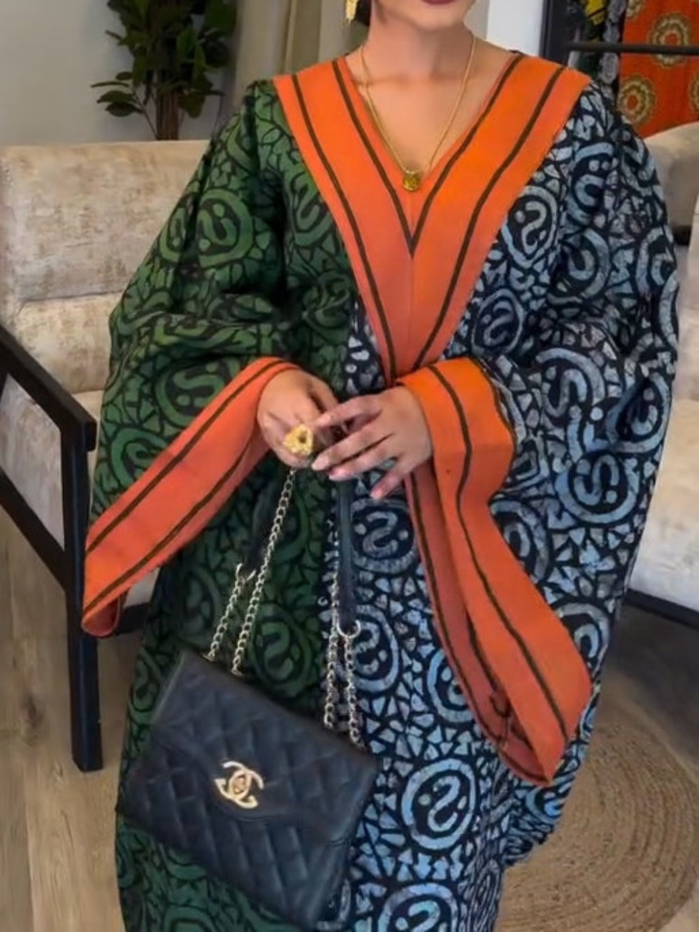 IMANI – AFRICAN PRINT V-NECK KAFTAN MAXI DRESS