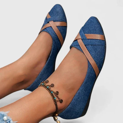 NATHALIE – CROSS-STRAP DENIM FLATS