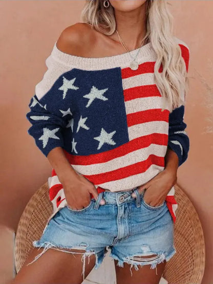 TATIANA – PATRIOTIC OFF-SHOULDER SWEATER
