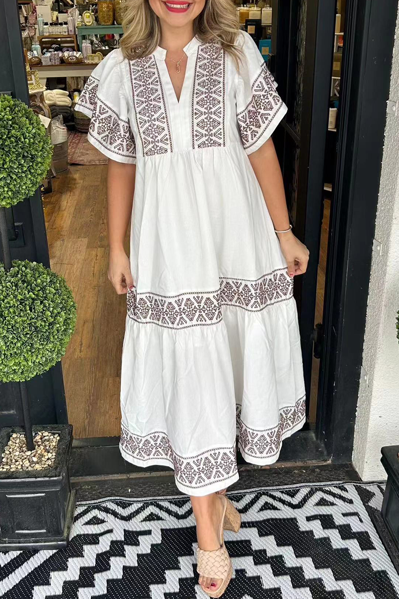 SORAYA – GEOMETRIC PRINT PATCHWORK V-NECK A-LINE DRESS