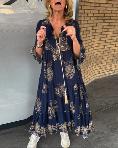 Nora – Vintage Loose V-Neck Midi Dress