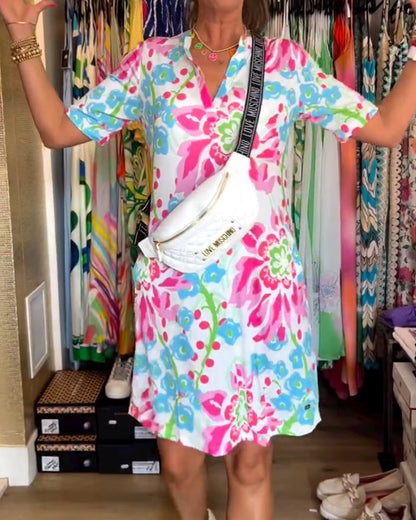 Ivendra | Short Sleeve Floral Print Dress