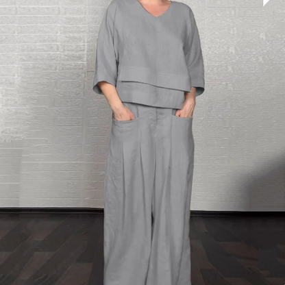 Cotton Linen Short Sleeve Two Piece Set