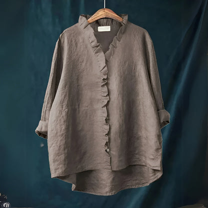 NOLA – RUFFLED BUTTON-FRONT LINEN BLOUSE