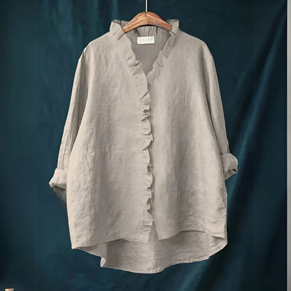 NOLA – RUFFLED BUTTON-FRONT LINEN BLOUSE